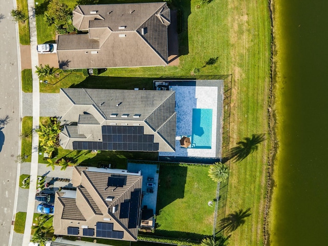 drone / aerial view with a water view