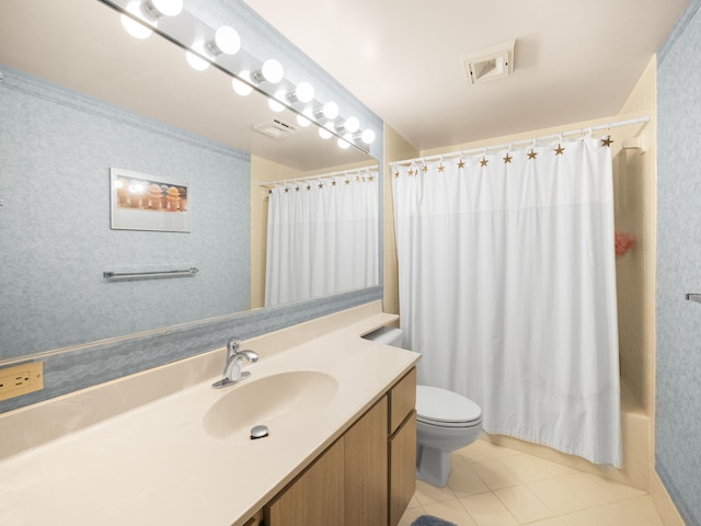 full bathroom featuring tile patterned floors, vanity, toilet, and shower / tub combo with curtain