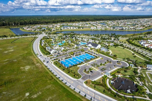 bird's eye view with a water view