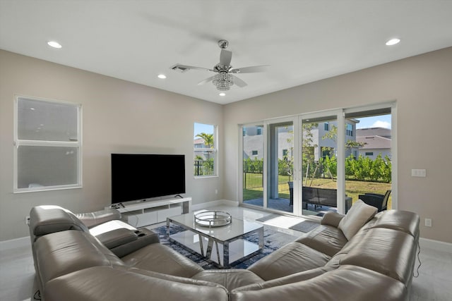 living room with ceiling fan