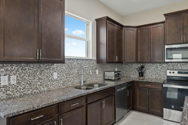 kitchen featuring dark stone countertops, decorative backsplash, sink, and appliances with stainless steel finishes