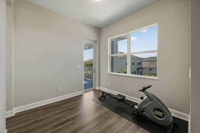 workout room with dark hardwood / wood-style flooring