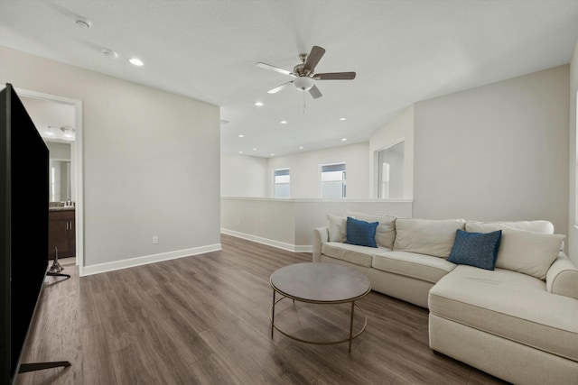 living room with ceiling fan and wood-type flooring