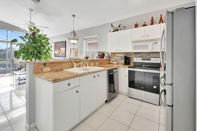 kitchen with kitchen peninsula, white cabinetry, sink, and stainless steel appliances