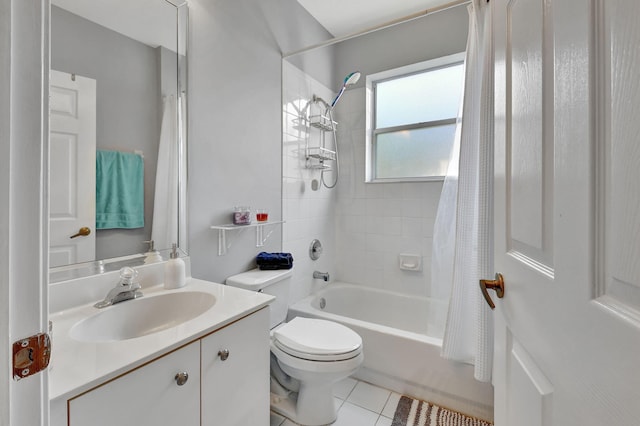 full bathroom featuring tile patterned flooring, vanity, toilet, and shower / bathtub combination with curtain