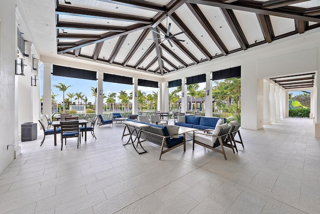 view of patio with a gazebo, ceiling fan, an outdoor hangout area, and central air condition unit