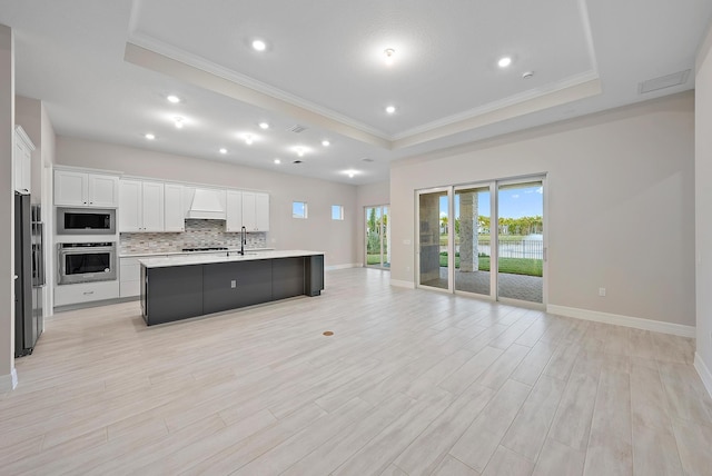 kitchen featuring white cabinetry, stainless steel appliances, a raised ceiling, light hardwood / wood-style flooring, and a center island with sink