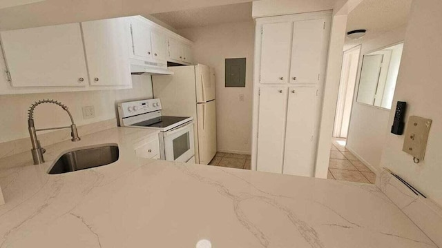 kitchen featuring custom exhaust hood, white appliances, sink, electric panel, and white cabinetry