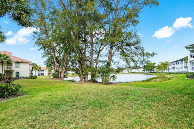 view of yard with a water view