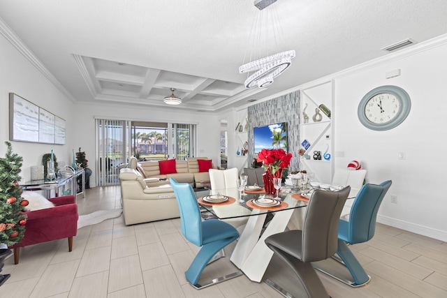 tiled dining room with coffered ceiling, crown molding, a textured ceiling, a notable chandelier, and beam ceiling