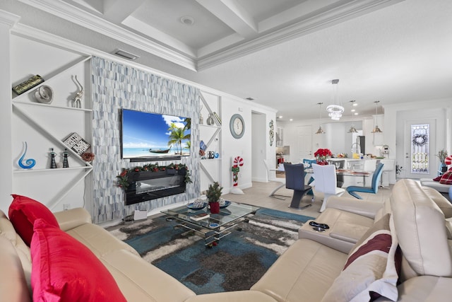 living room featuring light tile patterned flooring, beam ceiling, crown molding, and coffered ceiling