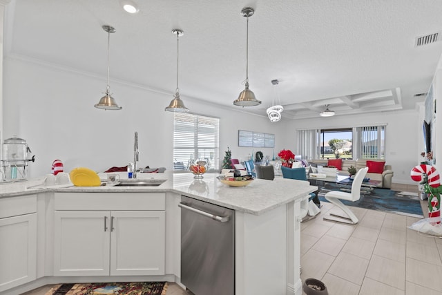 kitchen with dishwasher, white cabinets, hanging light fixtures, and ornamental molding