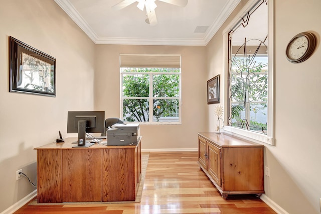 office space featuring ornamental molding, ceiling fan, and light hardwood / wood-style floors