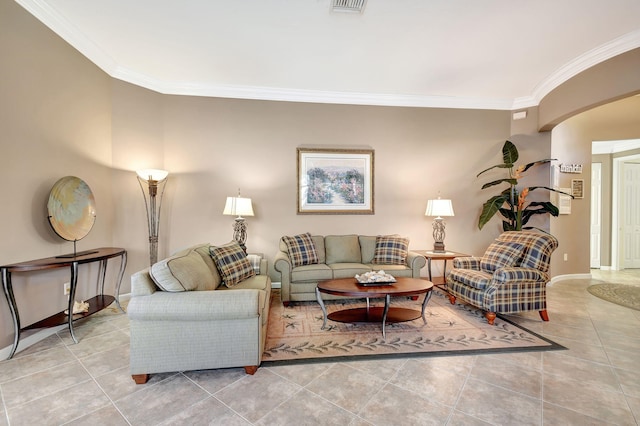 tiled living room featuring ornamental molding