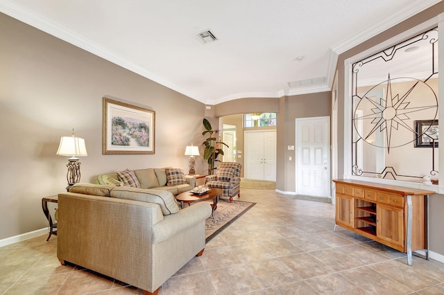 tiled living room with ornamental molding