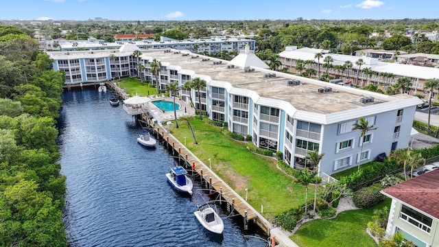 bird's eye view with a water view