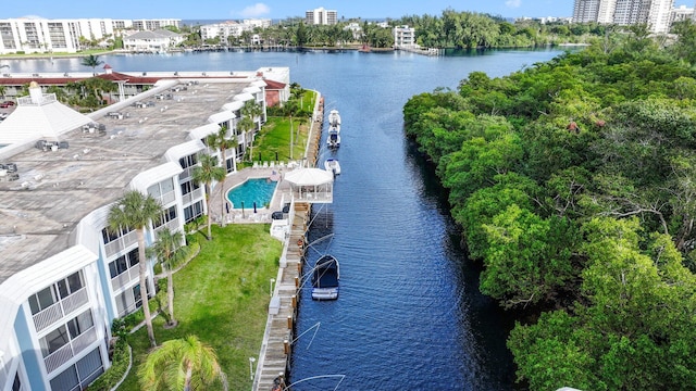 drone / aerial view with a water view