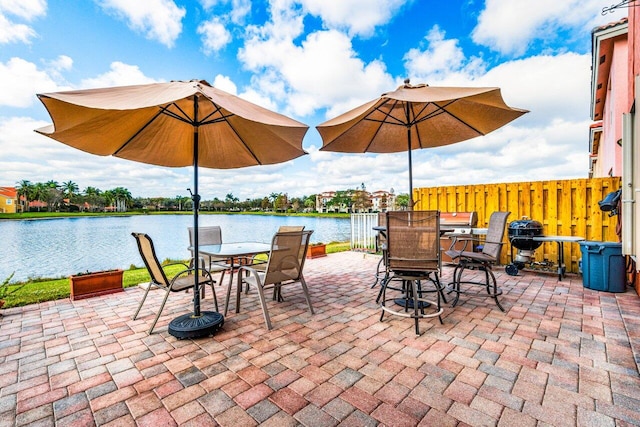 view of patio with a water view