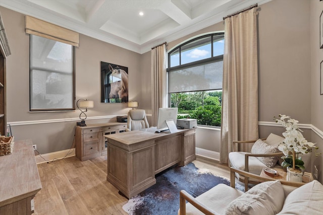 office featuring a wealth of natural light, beamed ceiling, light hardwood / wood-style floors, and coffered ceiling