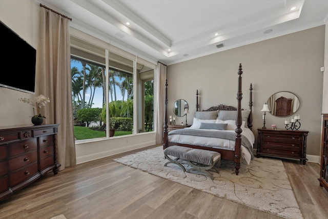 bedroom featuring a raised ceiling and light wood-type flooring