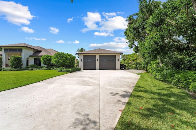 ranch-style house with a front yard and a garage