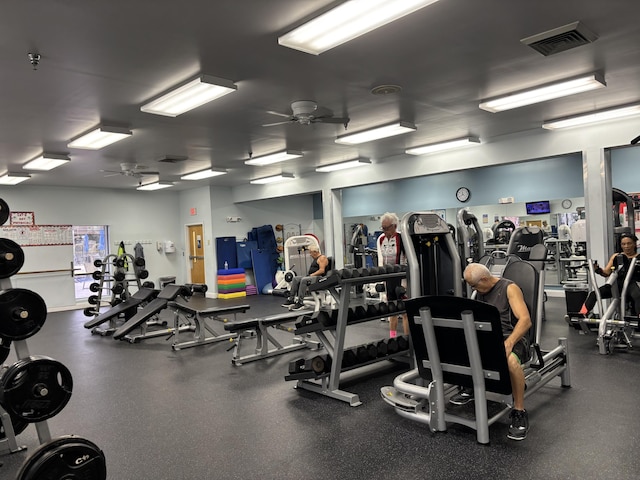 gym featuring ceiling fan