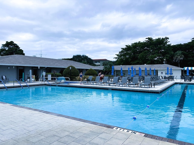 view of swimming pool featuring a patio