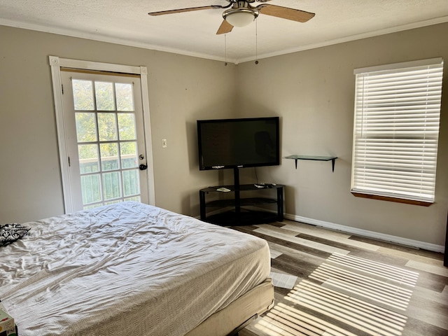 bedroom with ornamental molding, a ceiling fan, a textured ceiling, access to outside, and baseboards