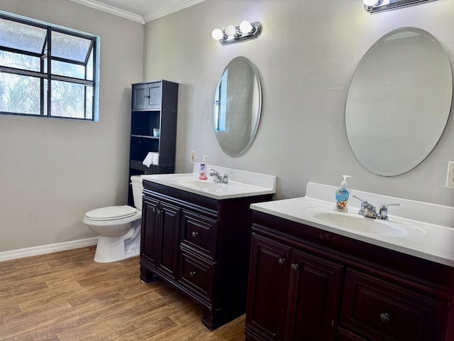 bathroom with ornamental molding, two vanities, a sink, and wood finished floors