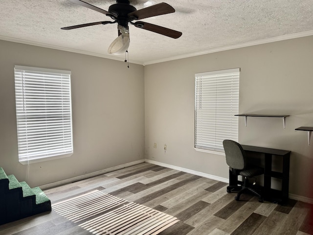 office space featuring crown molding, a textured ceiling, and wood finished floors