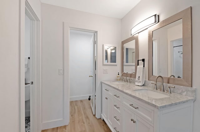 bathroom with vanity and wood-type flooring