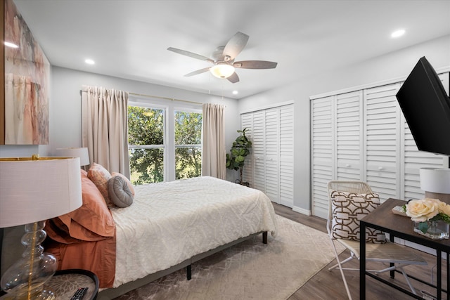 bedroom with dark hardwood / wood-style floors, ceiling fan, and multiple closets