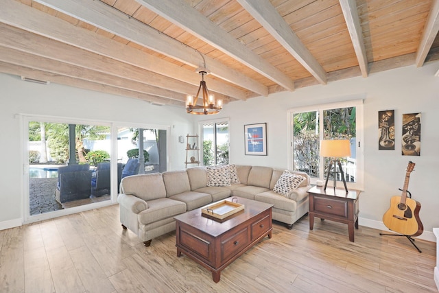 living room featuring a notable chandelier, wood ceiling, beamed ceiling, and light wood-type flooring