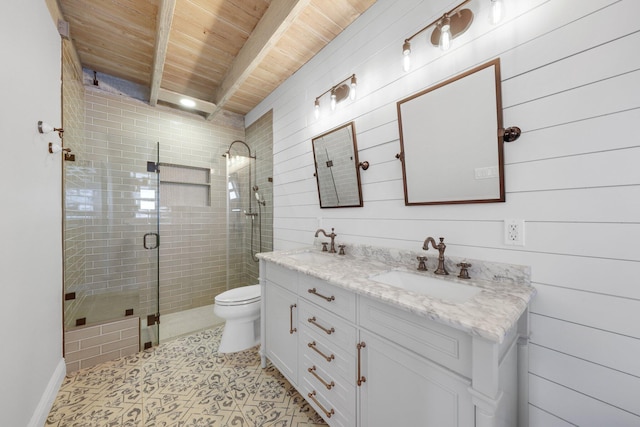 bathroom featuring toilet, an enclosed shower, vanity, beamed ceiling, and tile patterned flooring