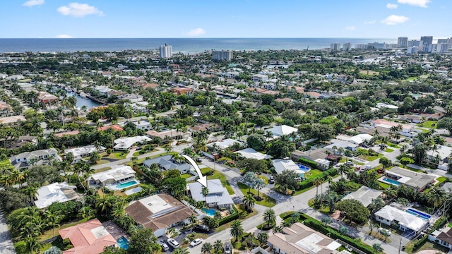 aerial view featuring a water view