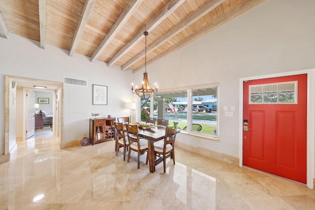 dining area featuring beamed ceiling, an inviting chandelier, wooden ceiling, and high vaulted ceiling