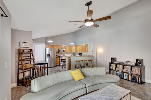 living room with high vaulted ceiling and ceiling fan