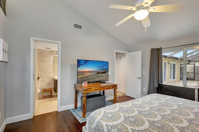 bedroom with access to outside, high vaulted ceiling, dark hardwood / wood-style floors, ceiling fan, and connected bathroom