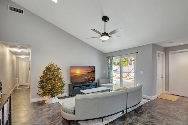 living room featuring high vaulted ceiling and ceiling fan