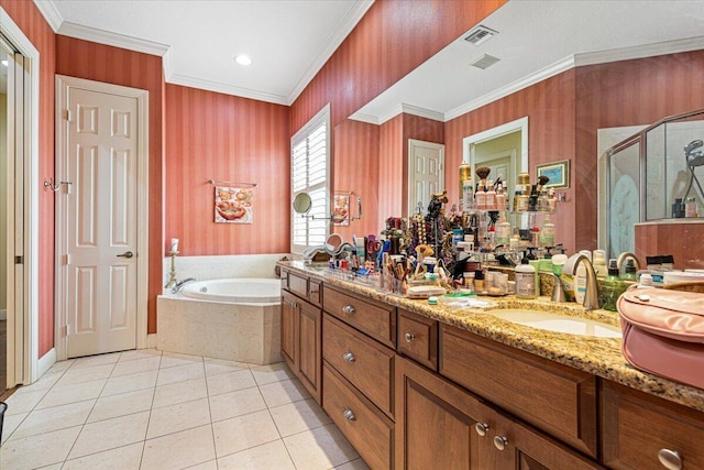 bathroom featuring tile patterned flooring, vanity, ornamental molding, and shower with separate bathtub