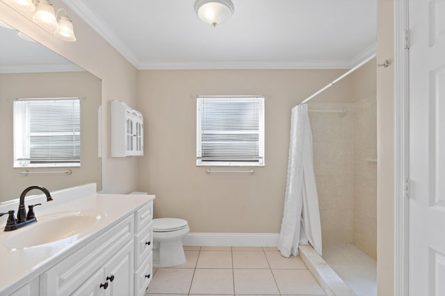 bathroom featuring crown molding, tile patterned flooring, vanity, and walk in shower