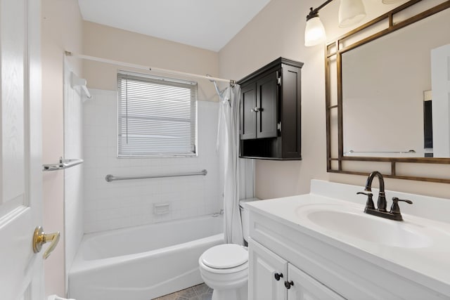 full bathroom featuring vanity, shower / bath combination with curtain, and toilet