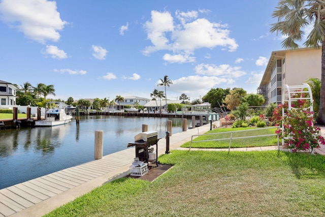 dock area with a water view and a yard