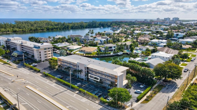 drone / aerial view featuring a water view