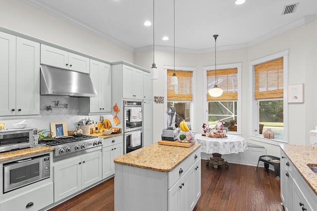 kitchen with white cabinets, hanging light fixtures, appliances with stainless steel finishes, and dark wood-type flooring