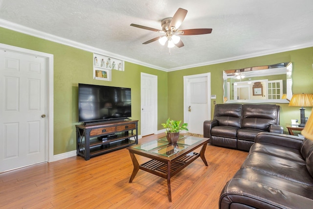 living room featuring hardwood / wood-style flooring, ornamental molding, and a textured ceiling