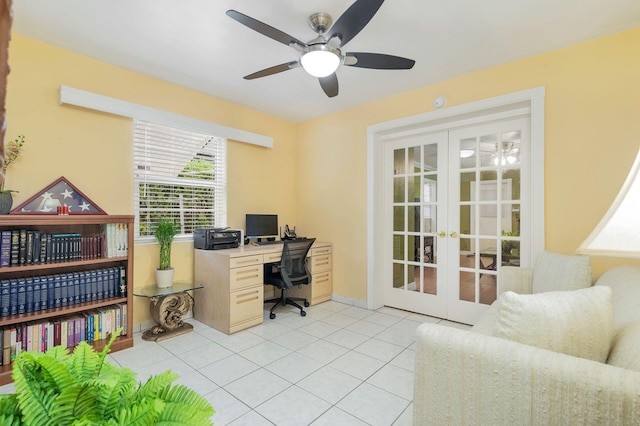 office space featuring ceiling fan, light tile patterned floors, and french doors