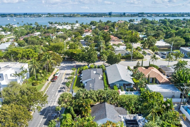 drone / aerial view with a water view