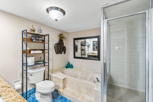 bathroom featuring separate shower and tub, toilet, and a textured ceiling