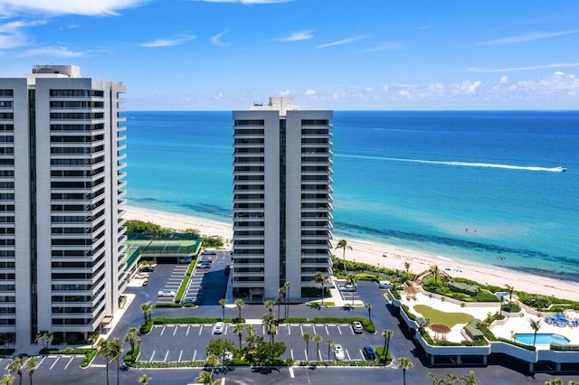 drone / aerial view with a view of the beach and a water view